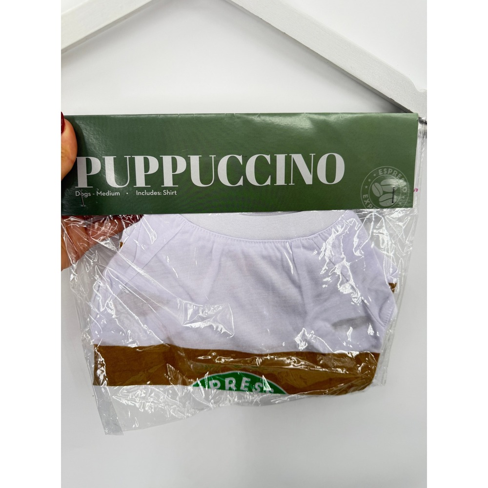 Puppuccino Shirt Dog Medium White Brown Espresso Coffee Costume MCOS-614M